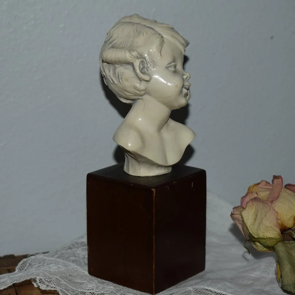 Antique Vintage Petit Resin Small Sculpture Smiling Boy Bust Decor